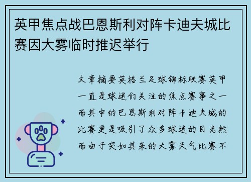 英甲焦点战巴恩斯利对阵卡迪夫城比赛因大雾临时推迟举行