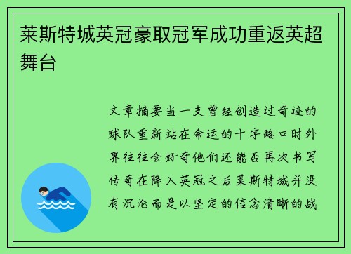 莱斯特城英冠豪取冠军成功重返英超舞台